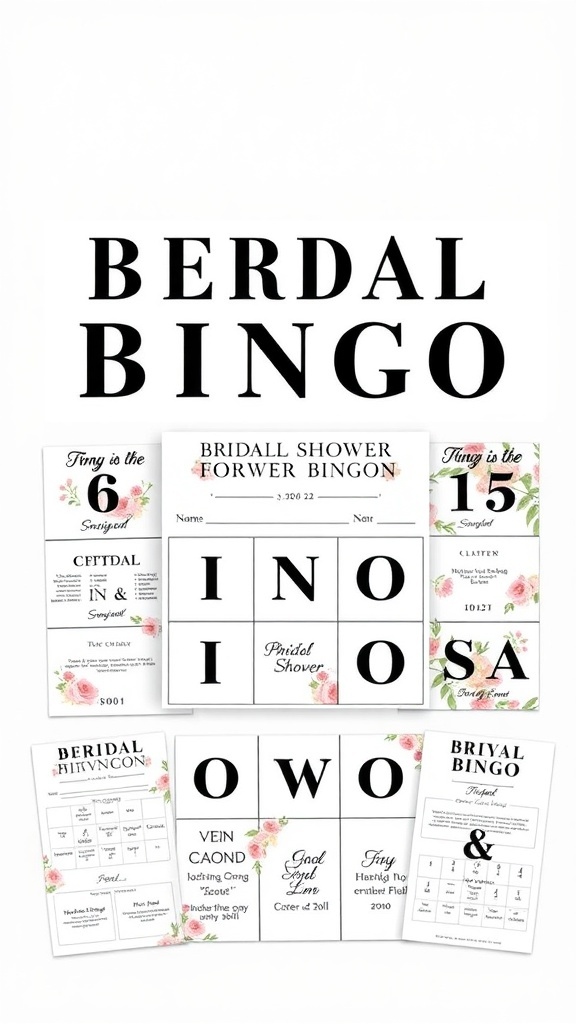 Bridal shower bingo cards with floral designs and wedding-themed phrases