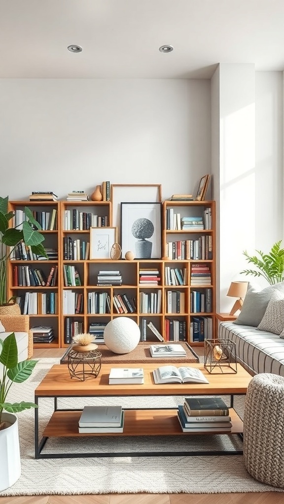 A cozy reading room with wooden bookshelves, a coffee table, and natural light.