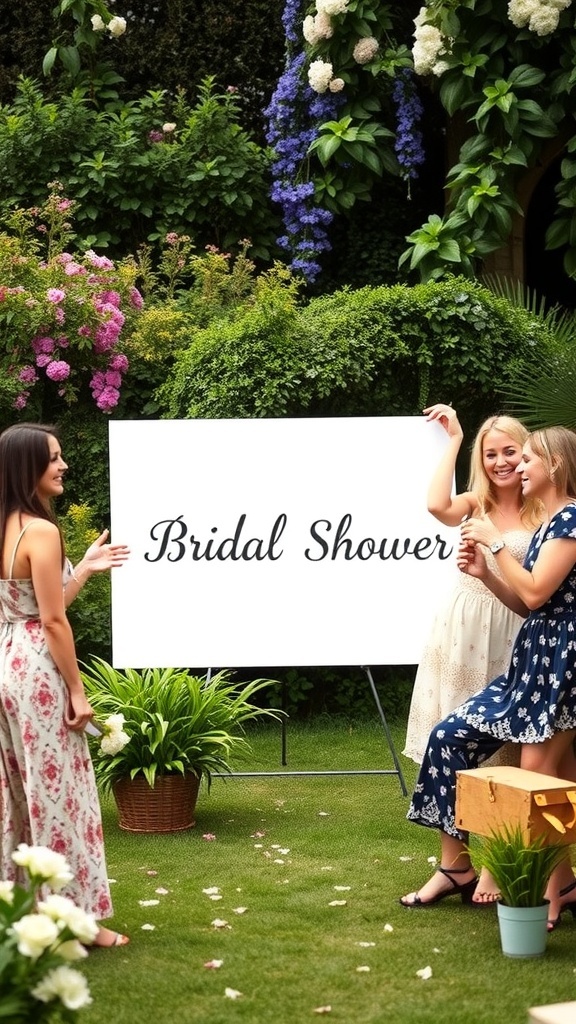 Three friends at a bridal shower in a garden, holding a sign that says bridal shower.