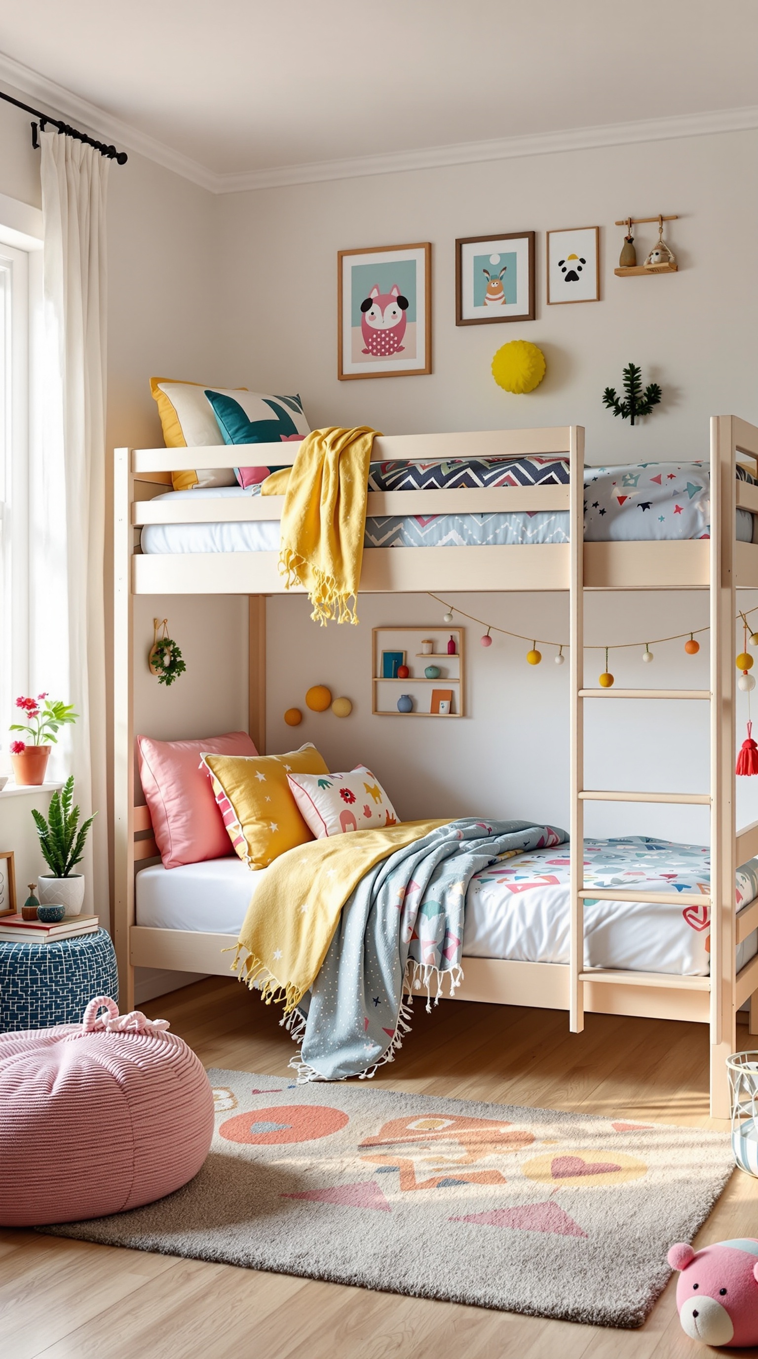 A small shared kids bedroom featuring a creative bunk bed design with colorful bedding and playful decor.