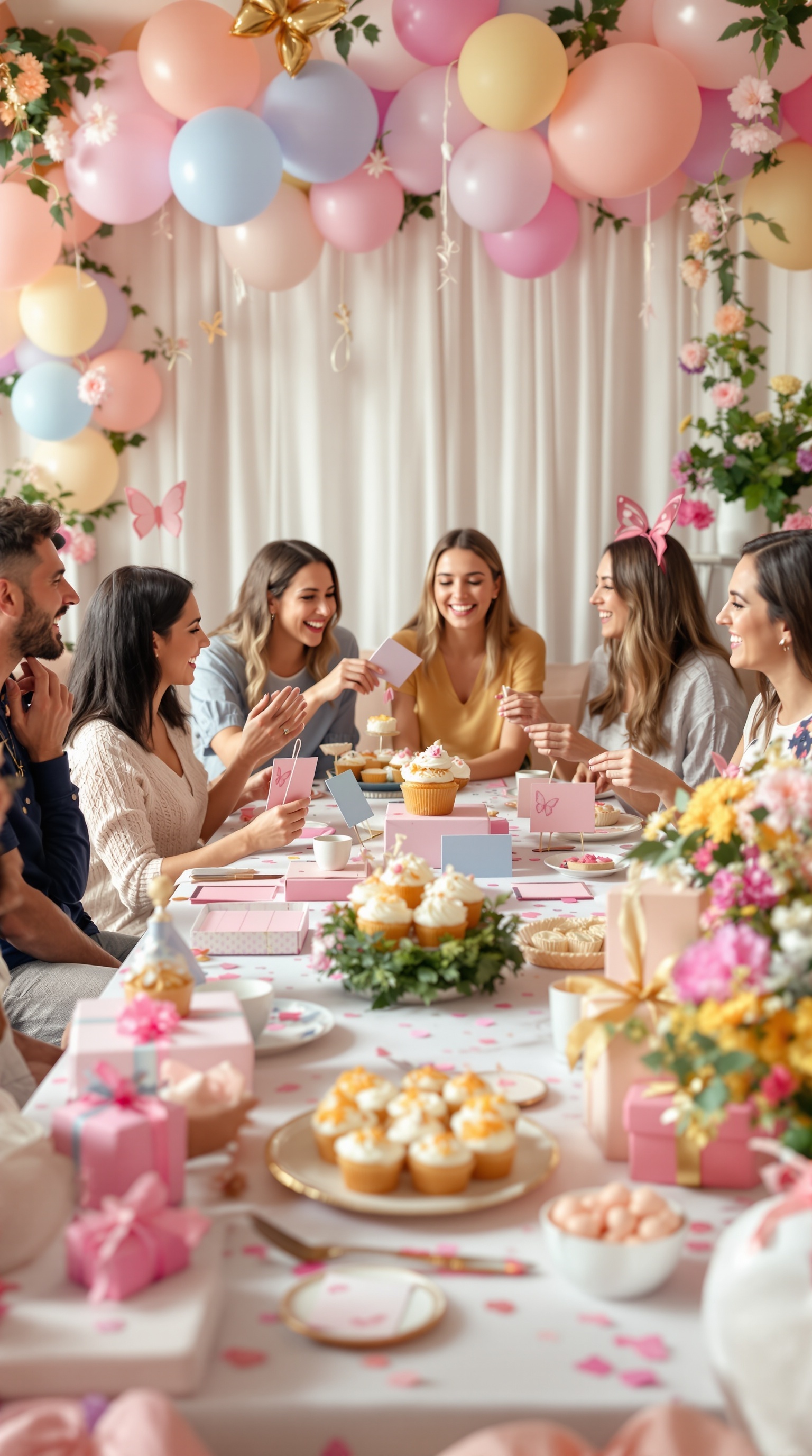 A joyful group of friends enjoying a butterfly-themed baby shower with games and decorations.