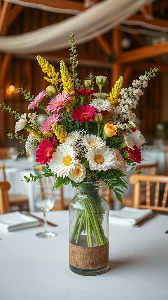A beautiful bouquet of colorful local flowers in a rustic jar vase serving as a centerpiece at a wedding reception.