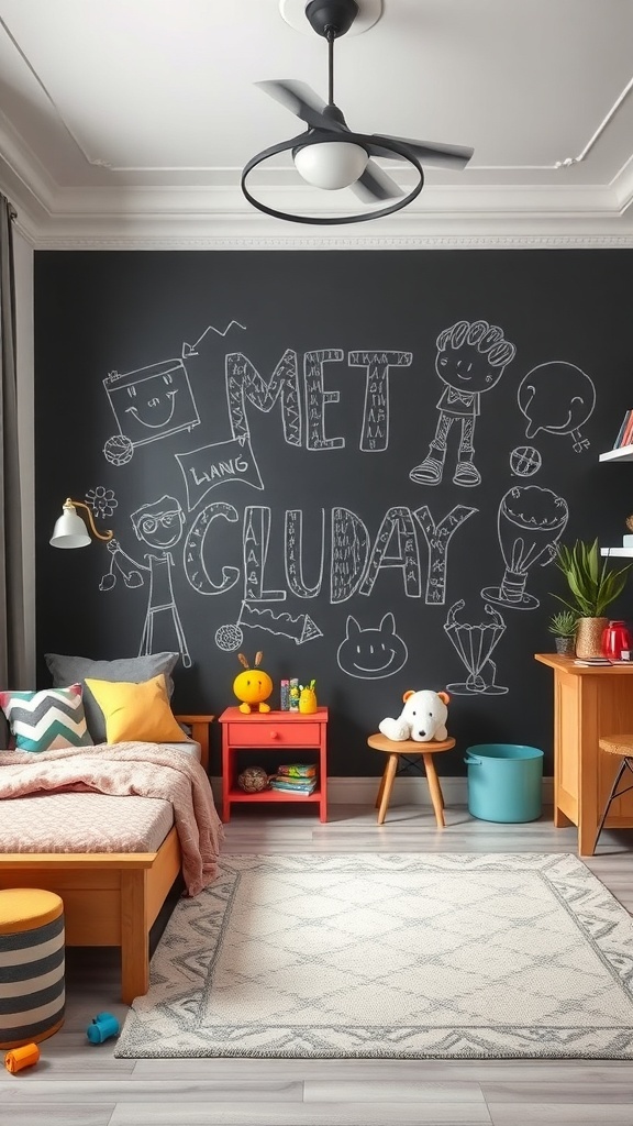 A children's bedroom with a chalkboard wall filled with colorful doodles and a cozy bed.