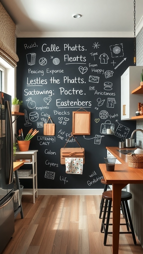 A colorful kitchen featuring a chalkboard wall filled with doodles and notes.