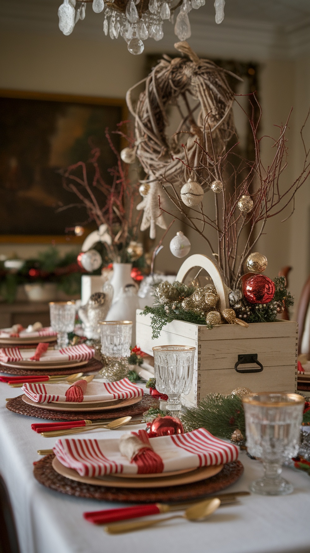 A beautifully decorated Christmas table setting with striped napkins, golden cutlery, and a rustic centerpiece.