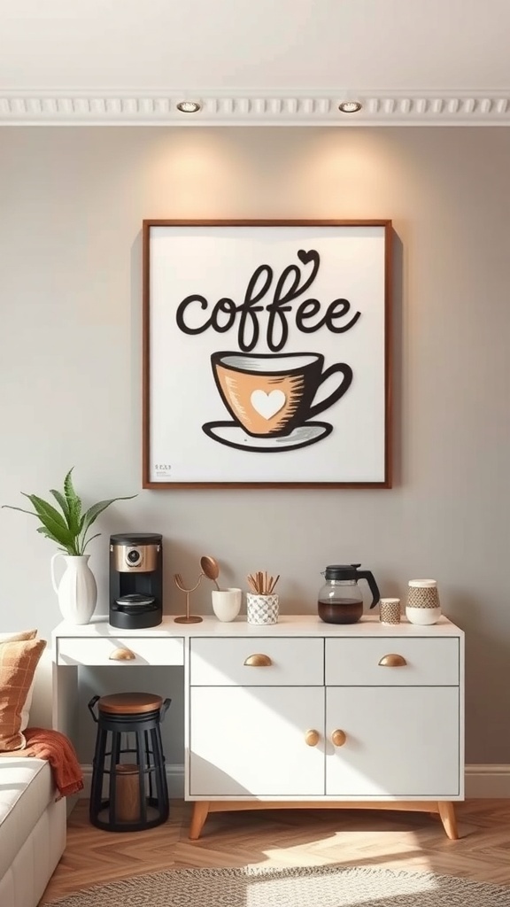 A cozy coffee bar setup featuring a coffee-themed art piece, a coffee maker, and decorative elements.