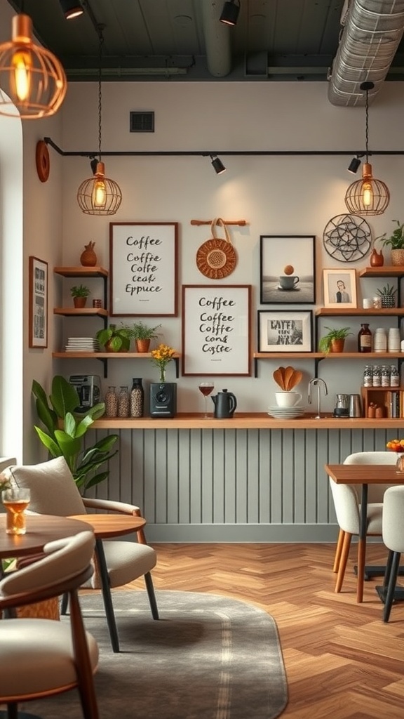 A cozy coffee bar with wooden shelves, coffee-themed art, plants, and a stylish coffee setup.