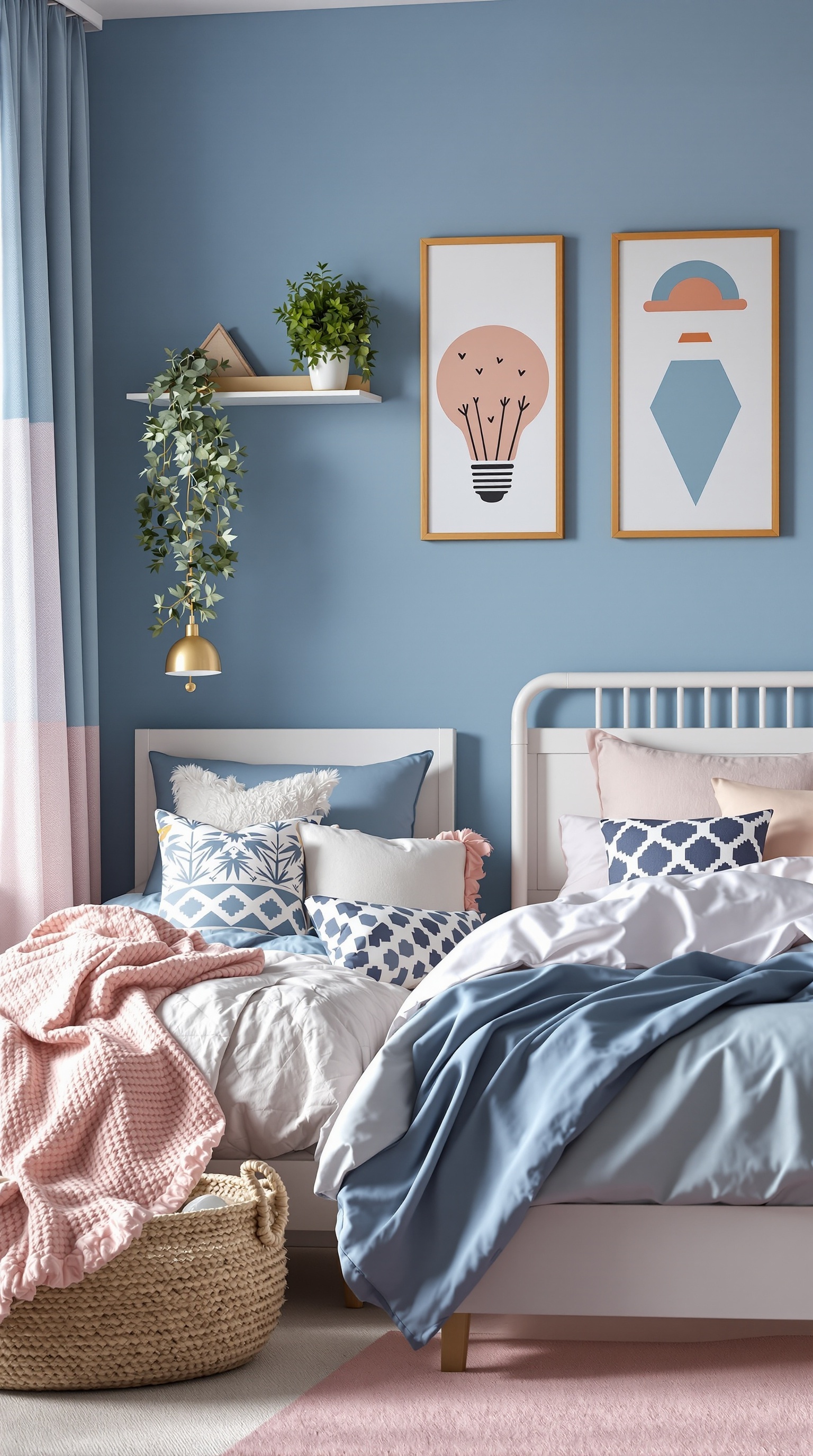 A shared bedroom for a boy and girl featuring light blue walls, pink accents, and playful decor.