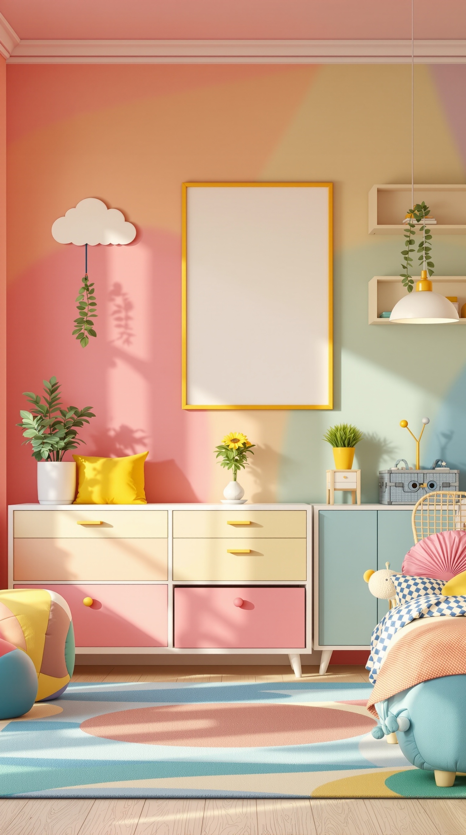 A colorful kids' room with pastel walls, playful furniture, and cheerful decor.