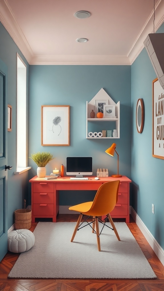 A small home office featuring blue walls, a peach ceiling, a coral desk, an orange chair, and decorative elements.