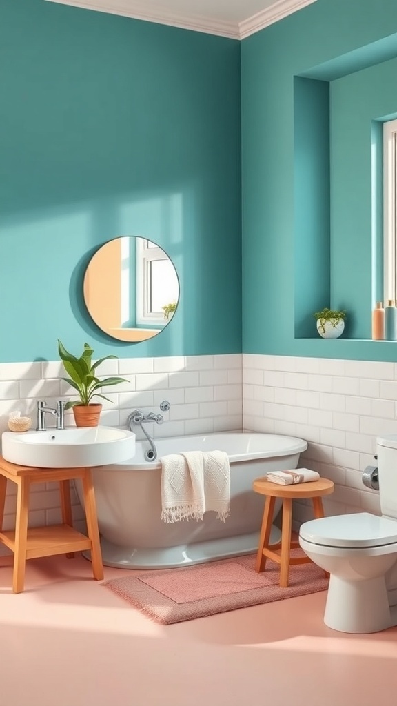 A colorful bathroom featuring teal walls, white tiles, and wooden furniture.