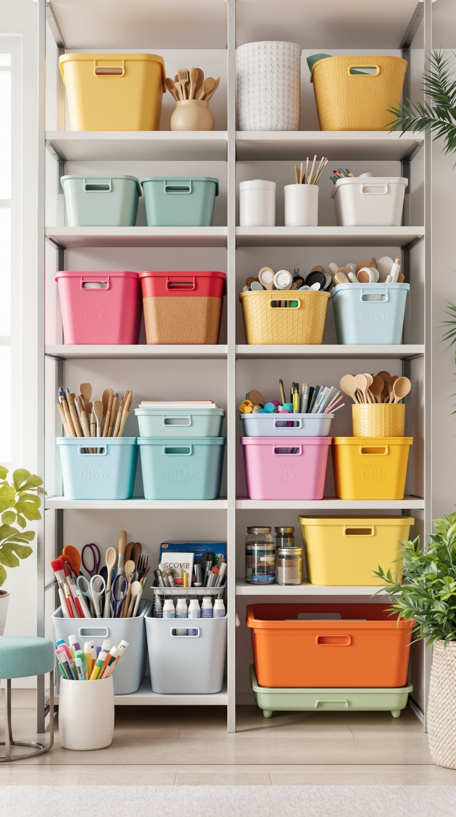 Colorful storage bins filled with craft supplies on a shelving unit