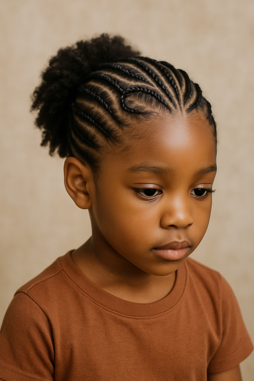 A young child with creative cornrow hairstyle, featuring neat braids and a puff at the back.