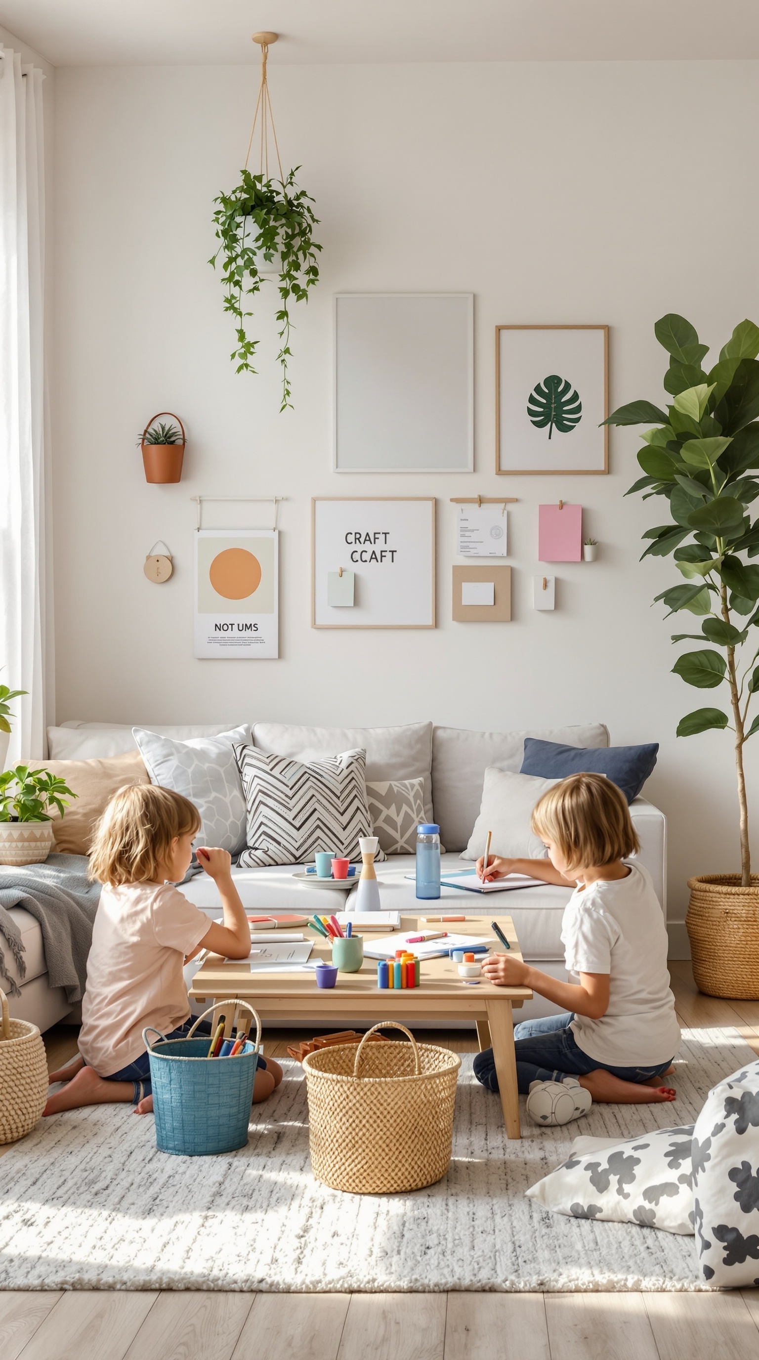 A cozy living room with a craft corner for kids, featuring two children engaged in creative activities surrounded by art supplies.