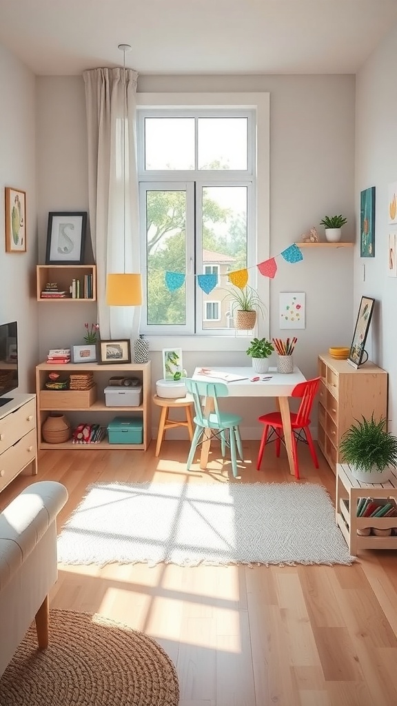 A bright and cozy apartment corner with a small table, colorful chairs, and art supplies.