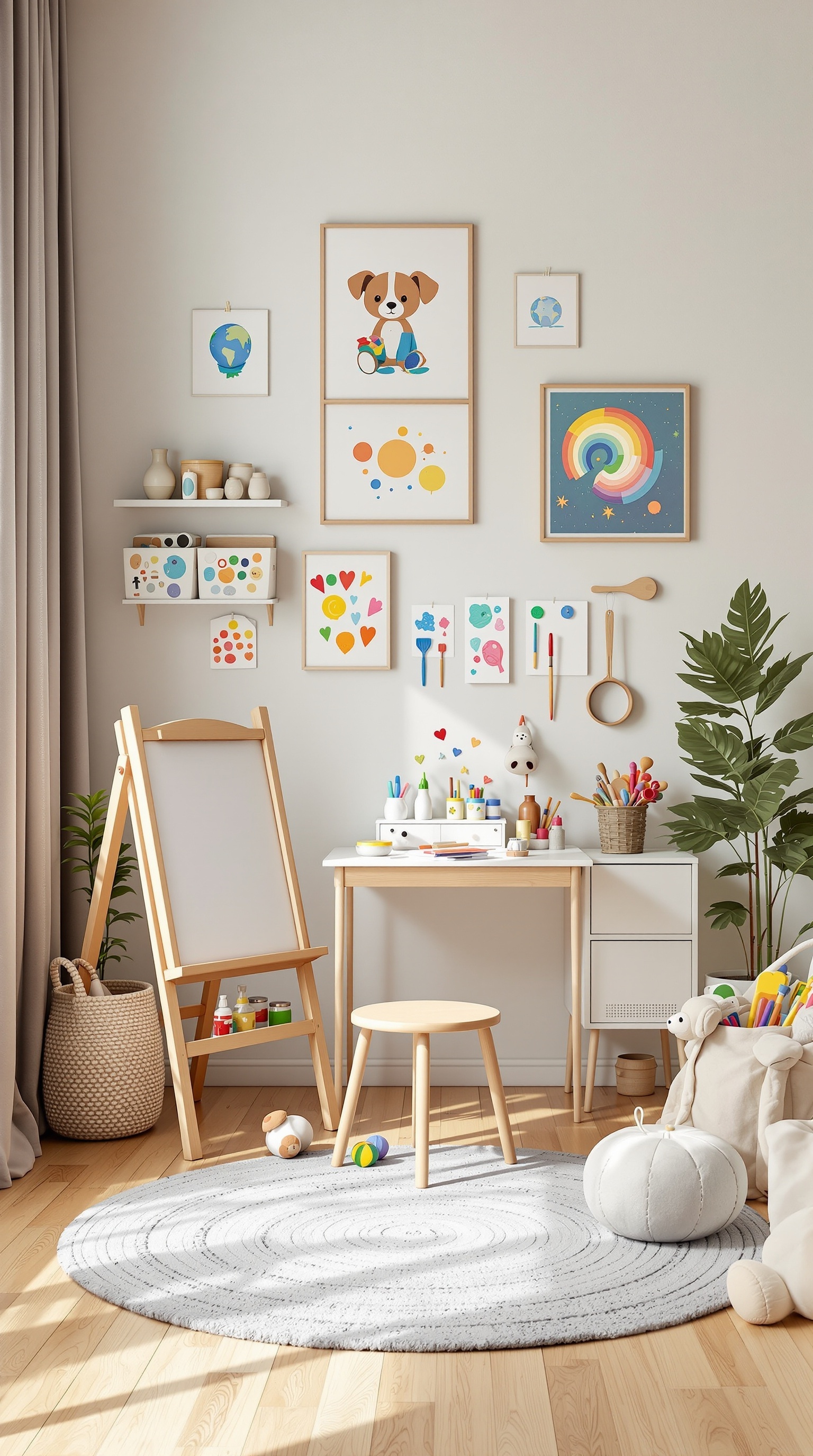A bright and colorful toddler craft corner with an easel, art supplies, and cheerful wall art.