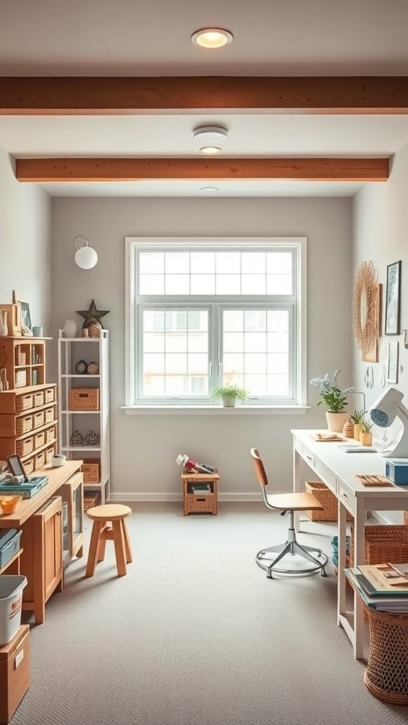 Bright and organized craft room with desk, storage, and natural light