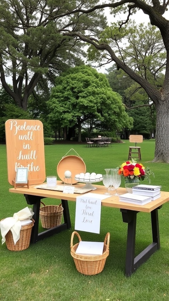 A beautifully decorated outdoor craft station with a table set up for a bridal shower.