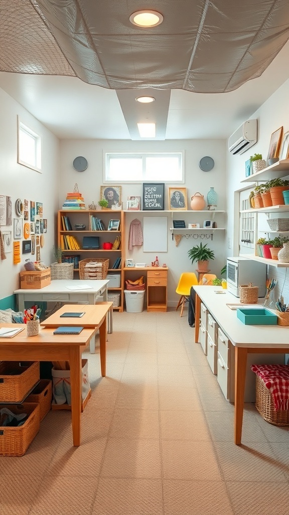 A bright and organized crafting space in a basement with tables, shelves, and various art supplies.
