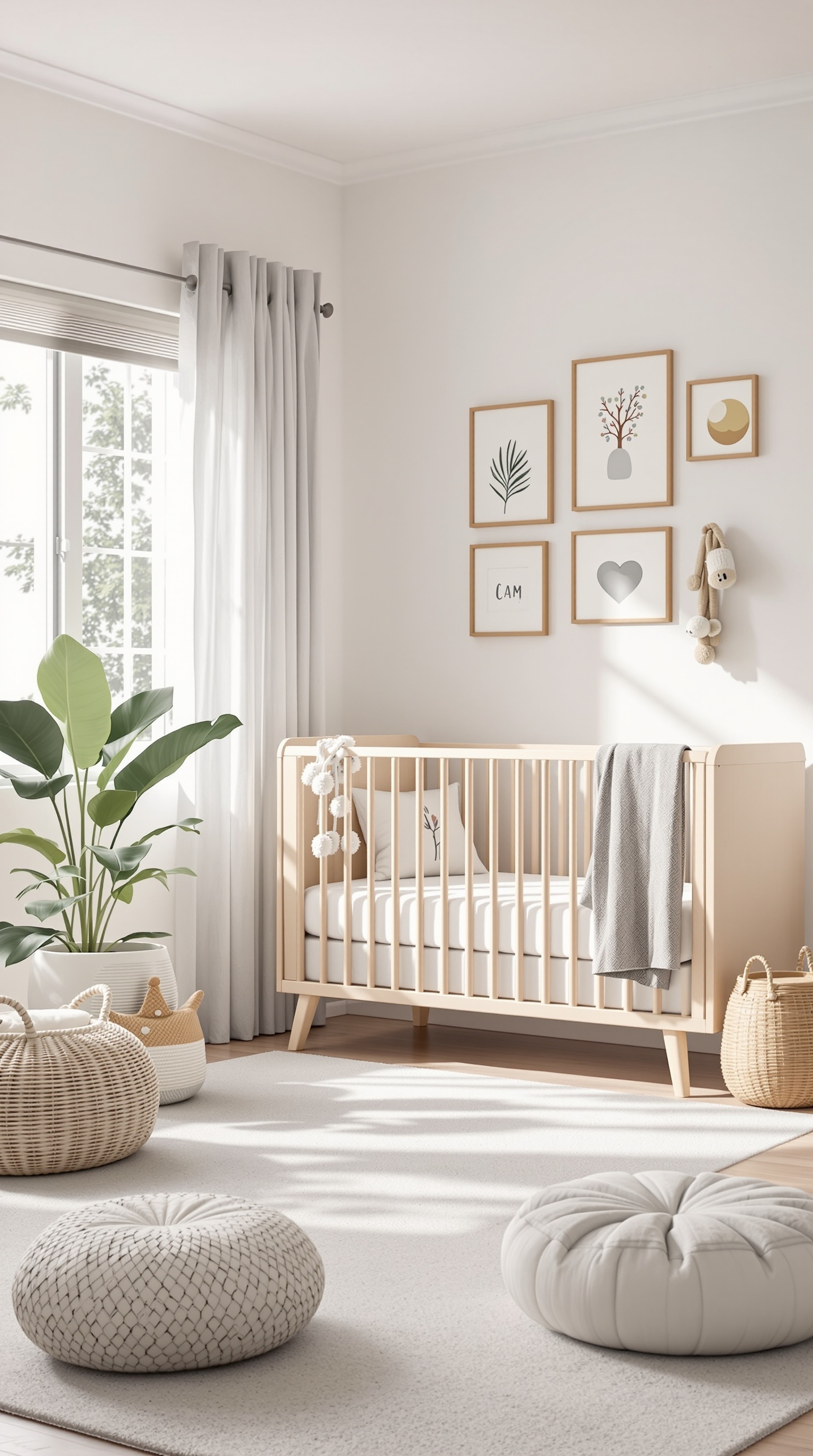 A modern unisex baby room featuring a light wood crib, soft neutral colors, decorative pillows, poufs, and wall art.