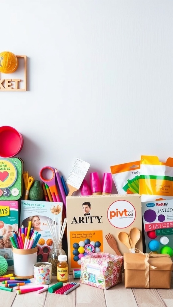Colorful DIY craft kit supplies including markers, stickers, and more.