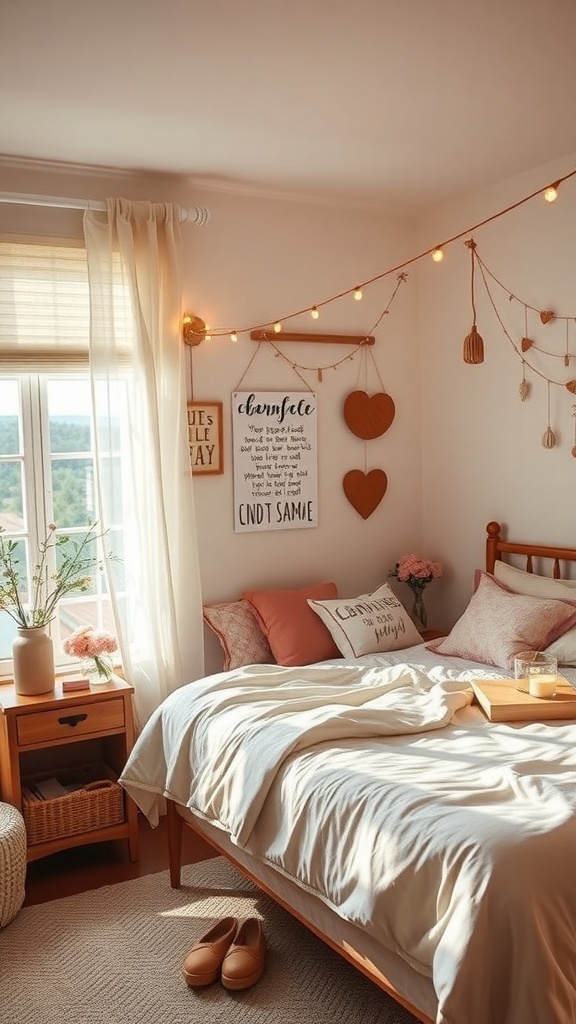 A cozy bedroom with soft lighting, layered bedding, and decorative elements for a romantic atmosphere.