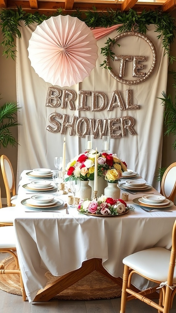 Beautifully decorated table for a bridal shower with flowers, candles, and DIY decorations.