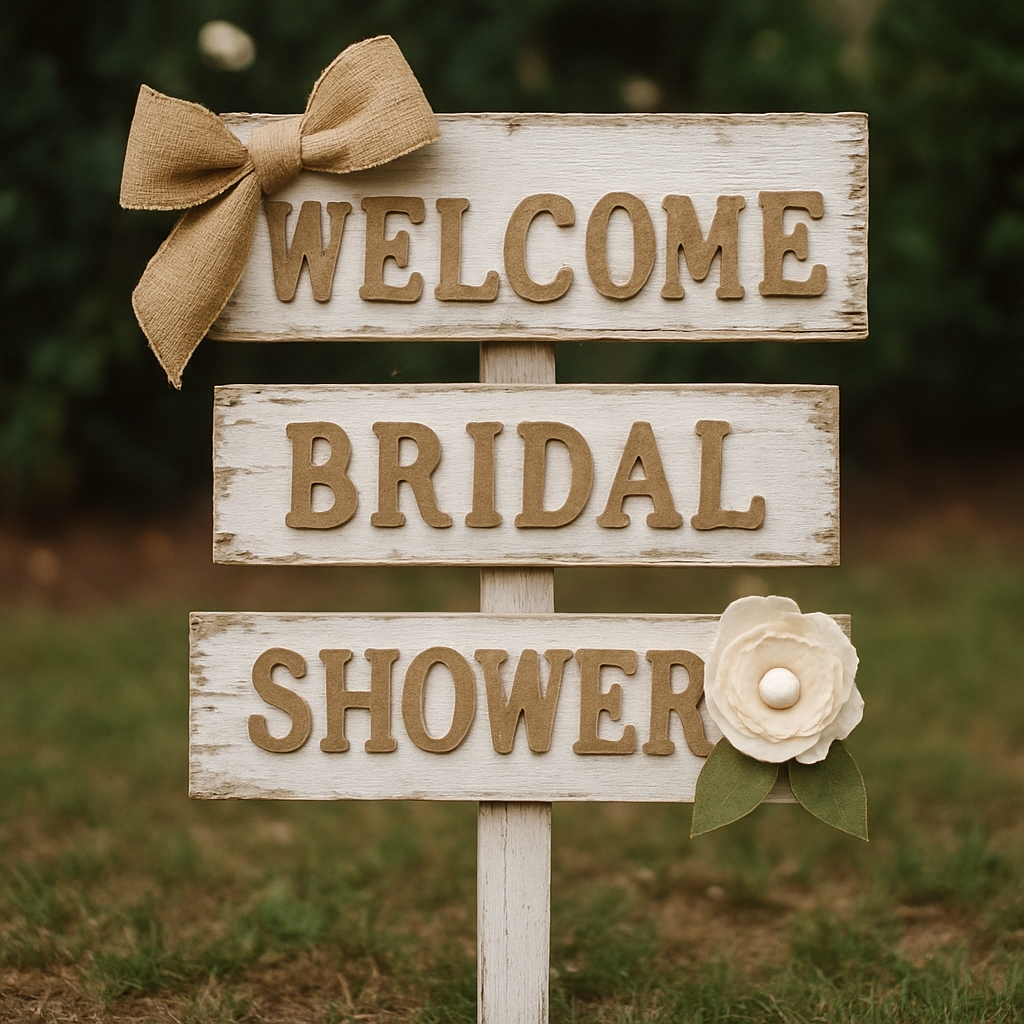 A rustic wooden bridal shower welcome sign with burlap bow and flower decoration.