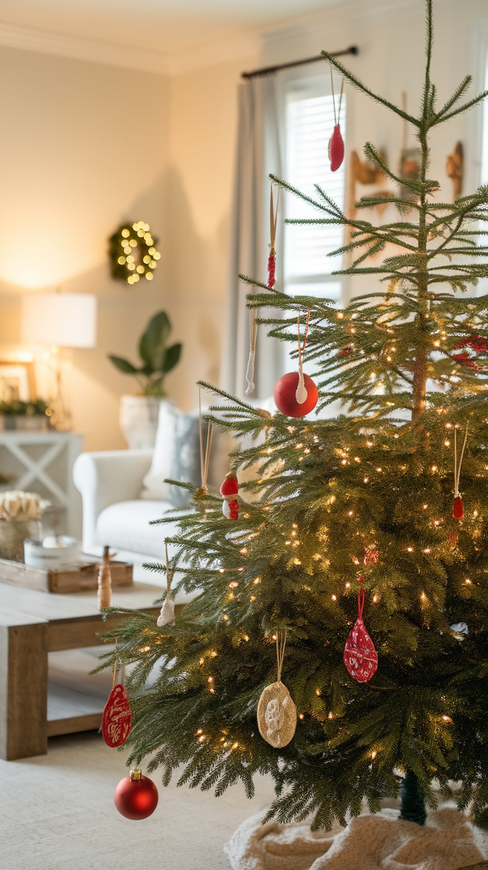 A beautifully decorated Christmas tree with red and gold ornaments, lights, and a cozy living room setting.