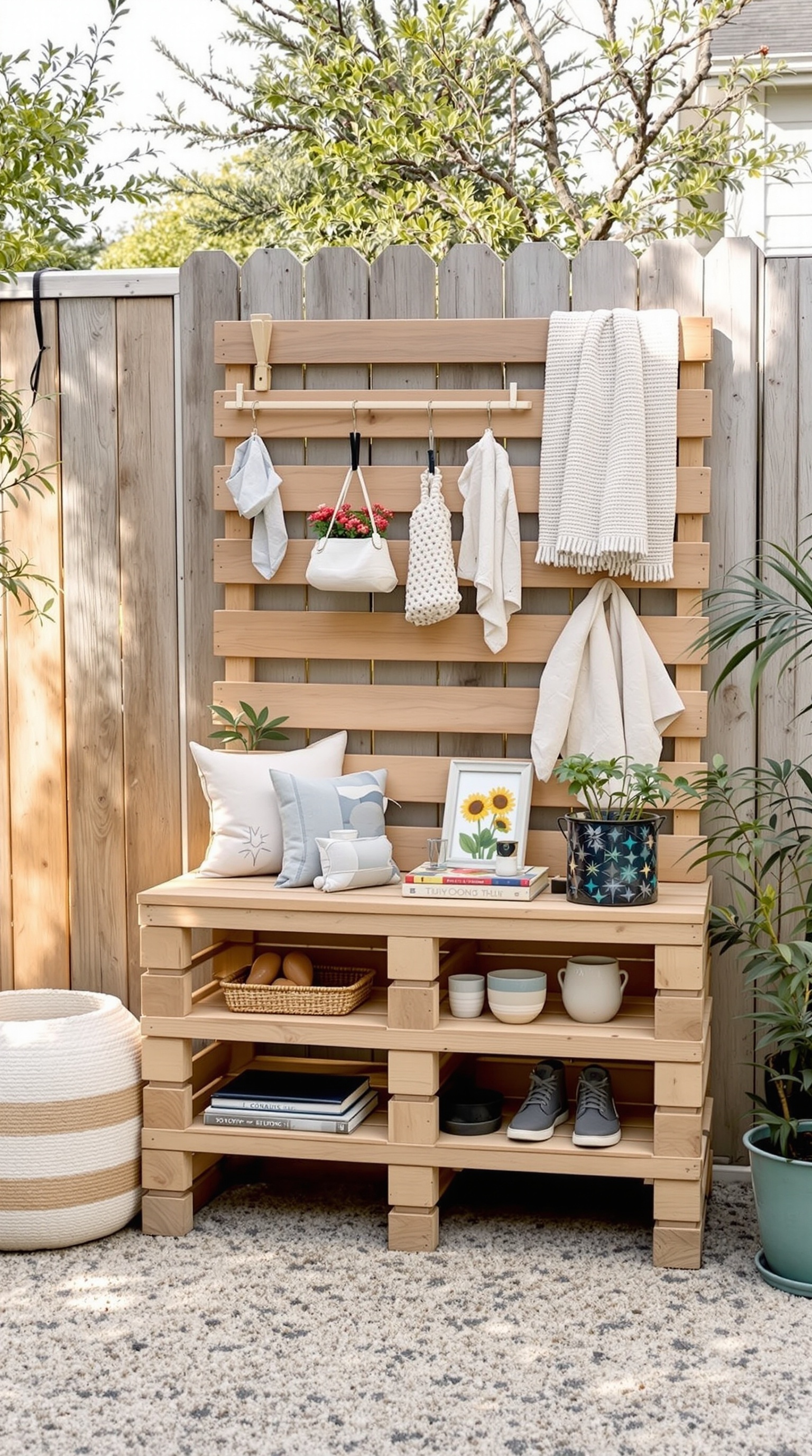 A wooden pallet storage unit in an outdoor setting, featuring shelves and hooks for organizing toys and outdoor items.