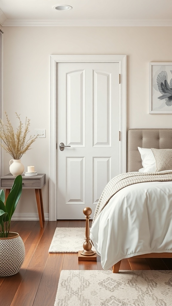 A stylish bedroom featuring a simple door stopper, showcasing a cozy and elegant decor.