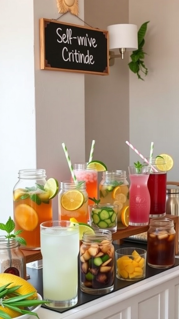 A colorful DIY drink station with various jars of refreshing beverages and fruits for a bridal shower.