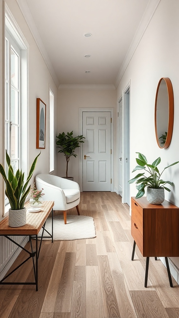 A modern small hallway with light wood flooring, a chair, plants, and a console table.