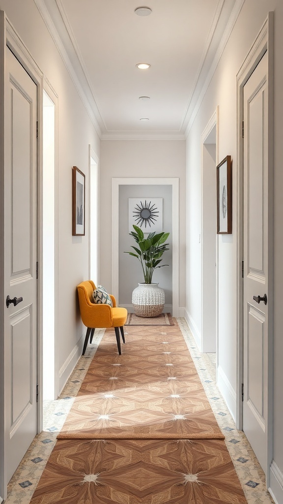 A small hallway with patterned flooring, an orange chair, and a plant.
