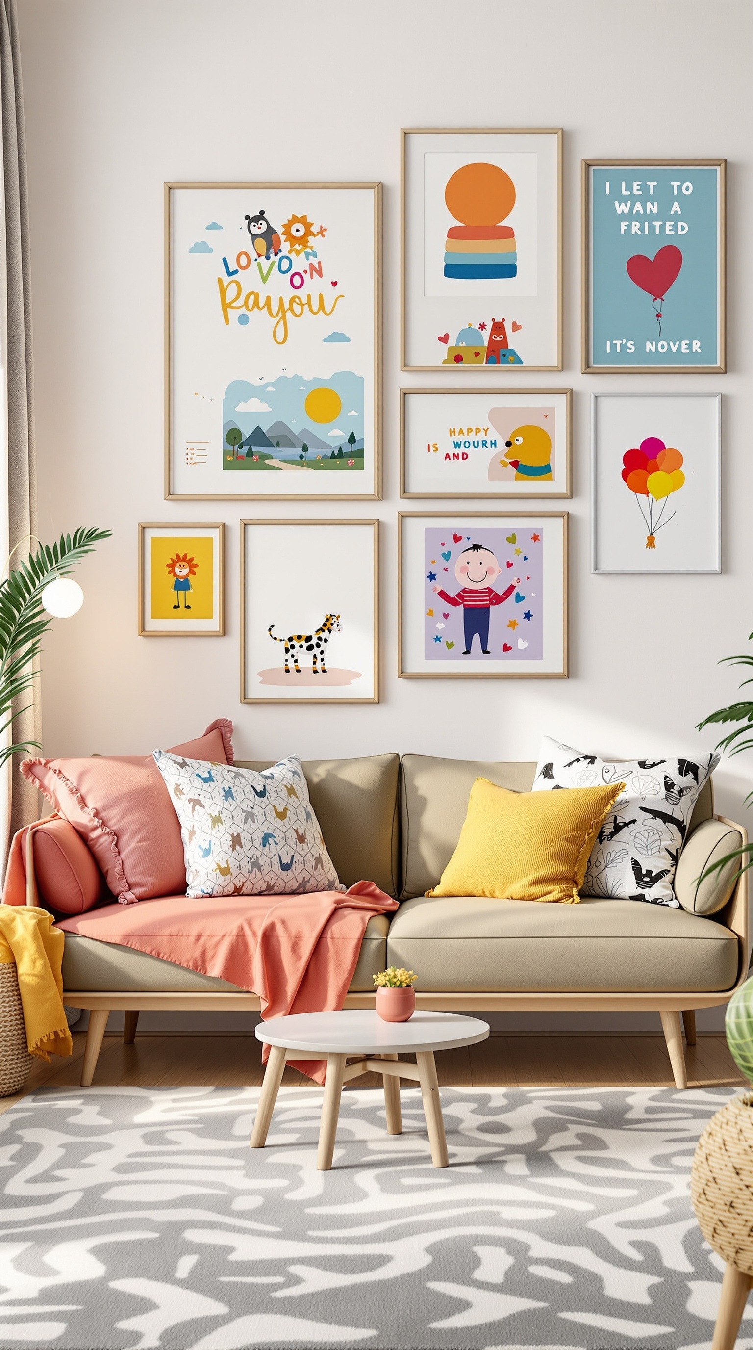 A cozy living room featuring a gallery wall of colorful kids' artwork framed and displayed above a comfortable sofa.