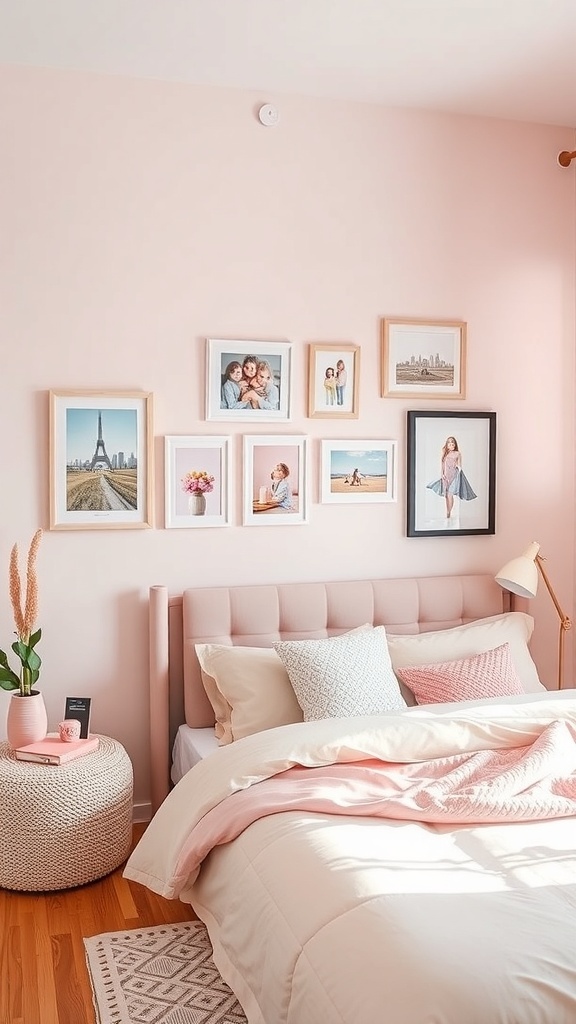 A pink girls bedroom featuring a creative gallery wall with framed photos and art.