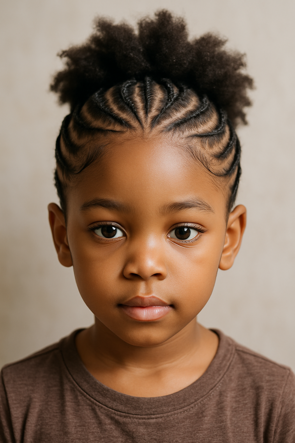 A child with natural hair styled in neat cornrows leading into a puff.