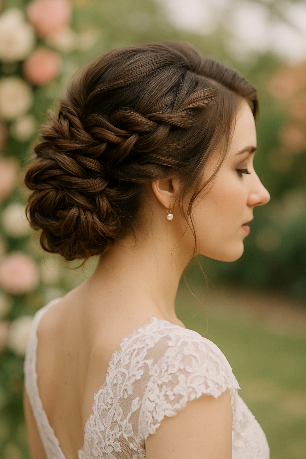 A woman with a braided updo hairstyle, wearing pearl earrings, in front of a floral background.