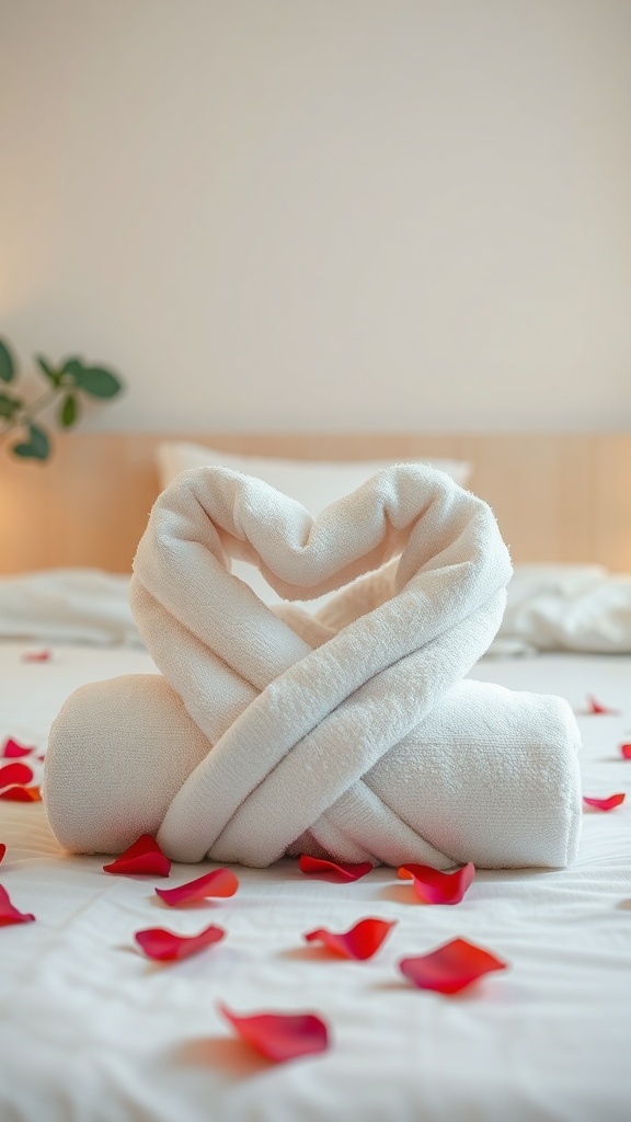 Two white towels folded into a heart shape on a bed with rose petals scattered around.