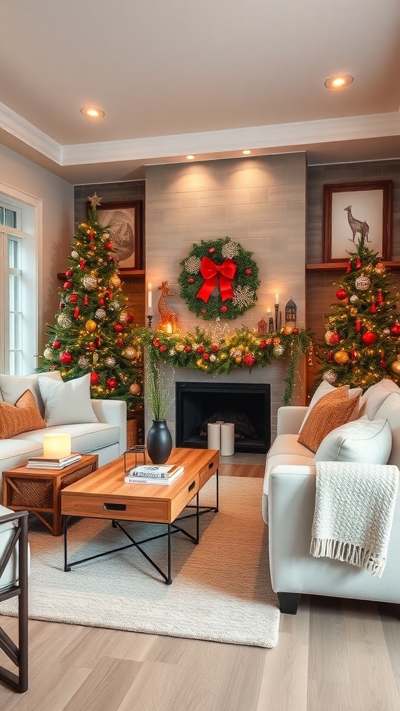 A cozy living room decorated for the holidays with Christmas trees, a wreath, and festive decor.