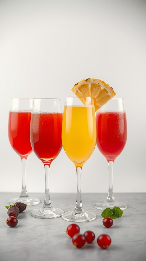 Four colorful mimosas in champagne glasses with fruits