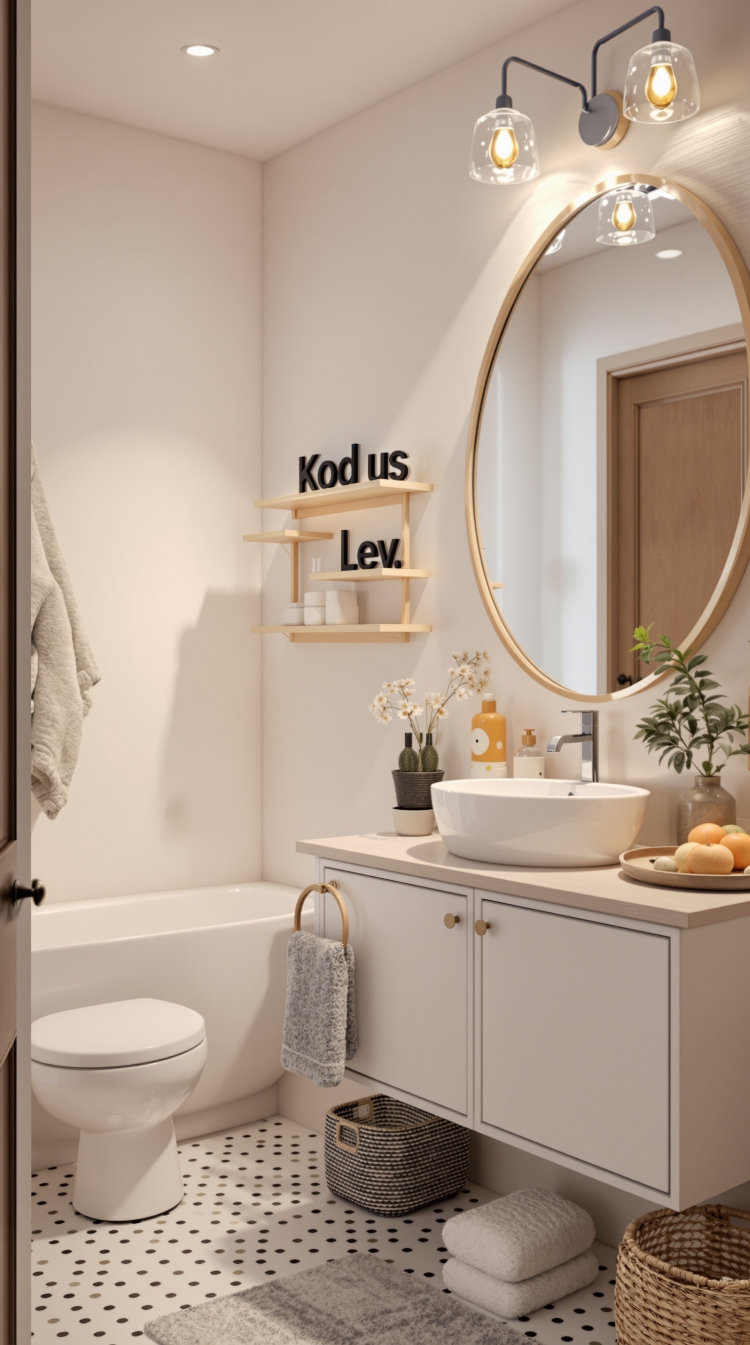 A modern kid's bathroom featuring stylish lighting fixtures, a round mirror, and a clean design.