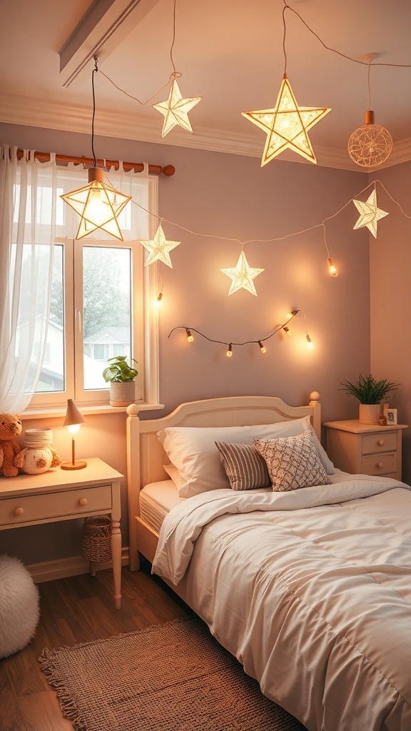 A whimsical bedroom with star-shaped lighting fixtures and warm, cozy lighting.