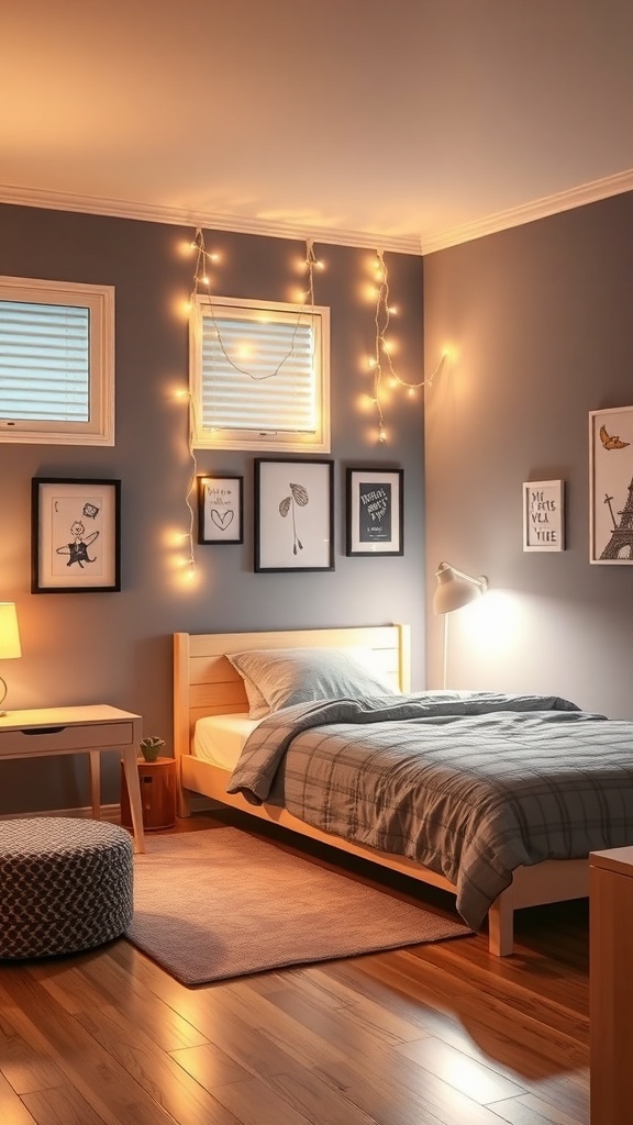 A cozy teen bedroom with fairy lights, a bed, and a desk lamp.