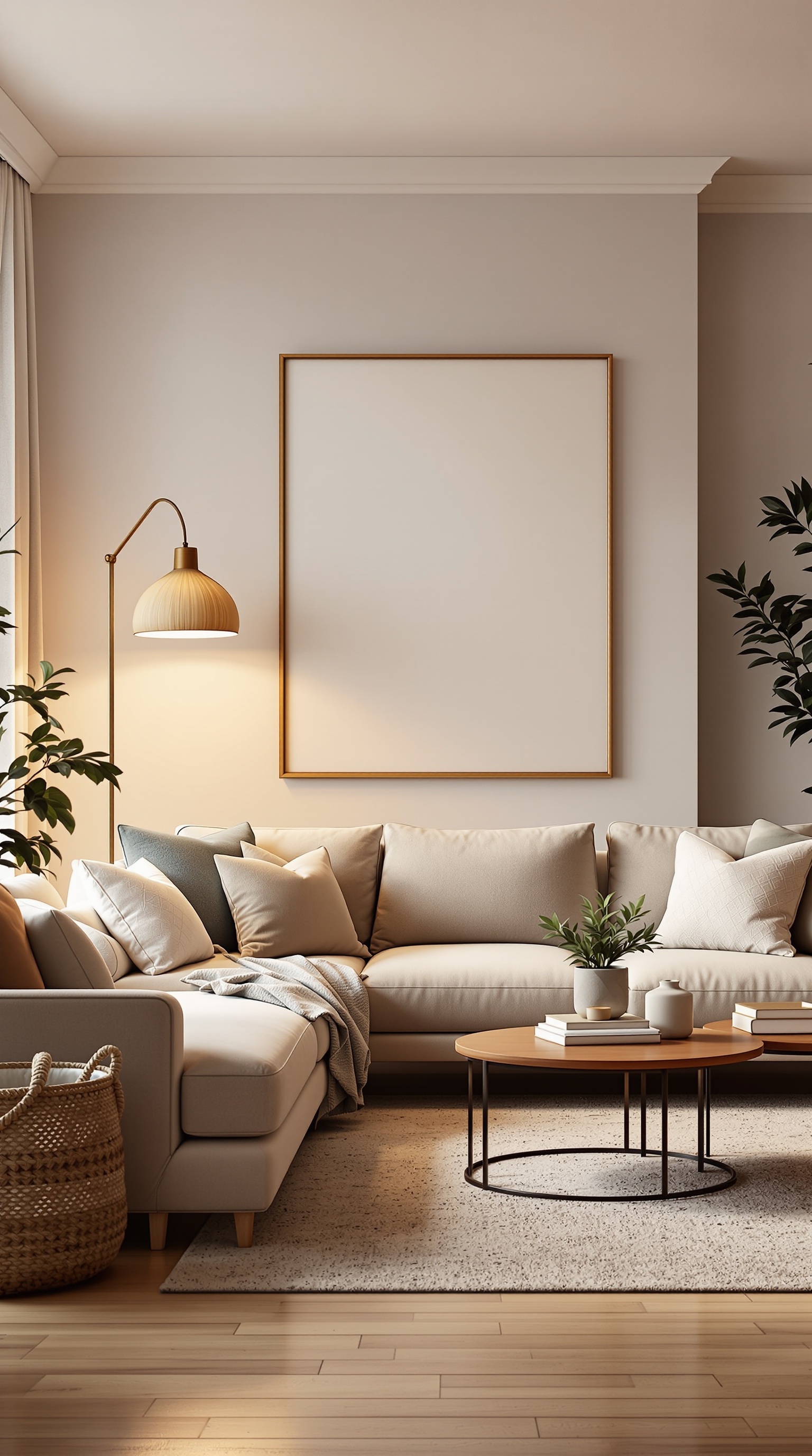 A cozy family room featuring a stylish floor lamp, a comfortable sofa with pillows, and a coffee table with plants and books.