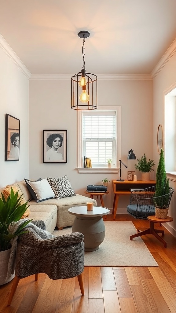 A cozy guest bedroom with a pendant light, desk lamp, and plants, creating a warm atmosphere.