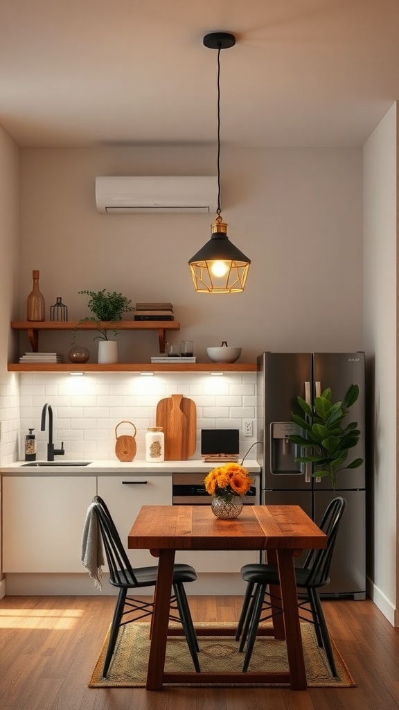 A cozy small kitchen featuring a pendant light, wooden dining table, and plants.