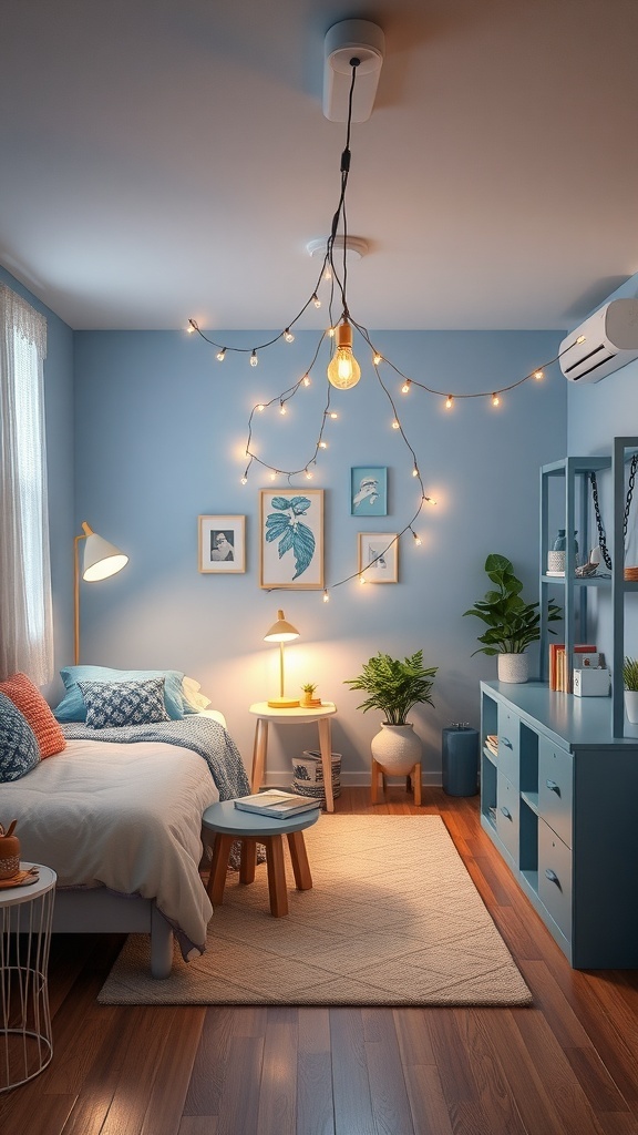 A light blue dorm room featuring cozy lighting with string lights and a pendant lamp.