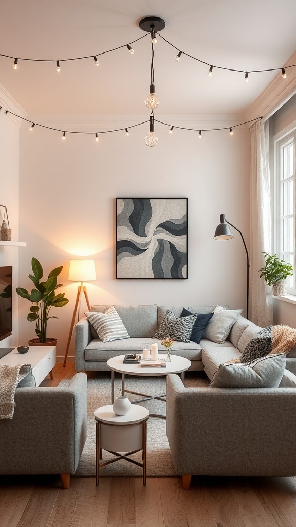 A cozy lounge room with string lights, a floor lamp, and plants, creating a warm atmosphere.