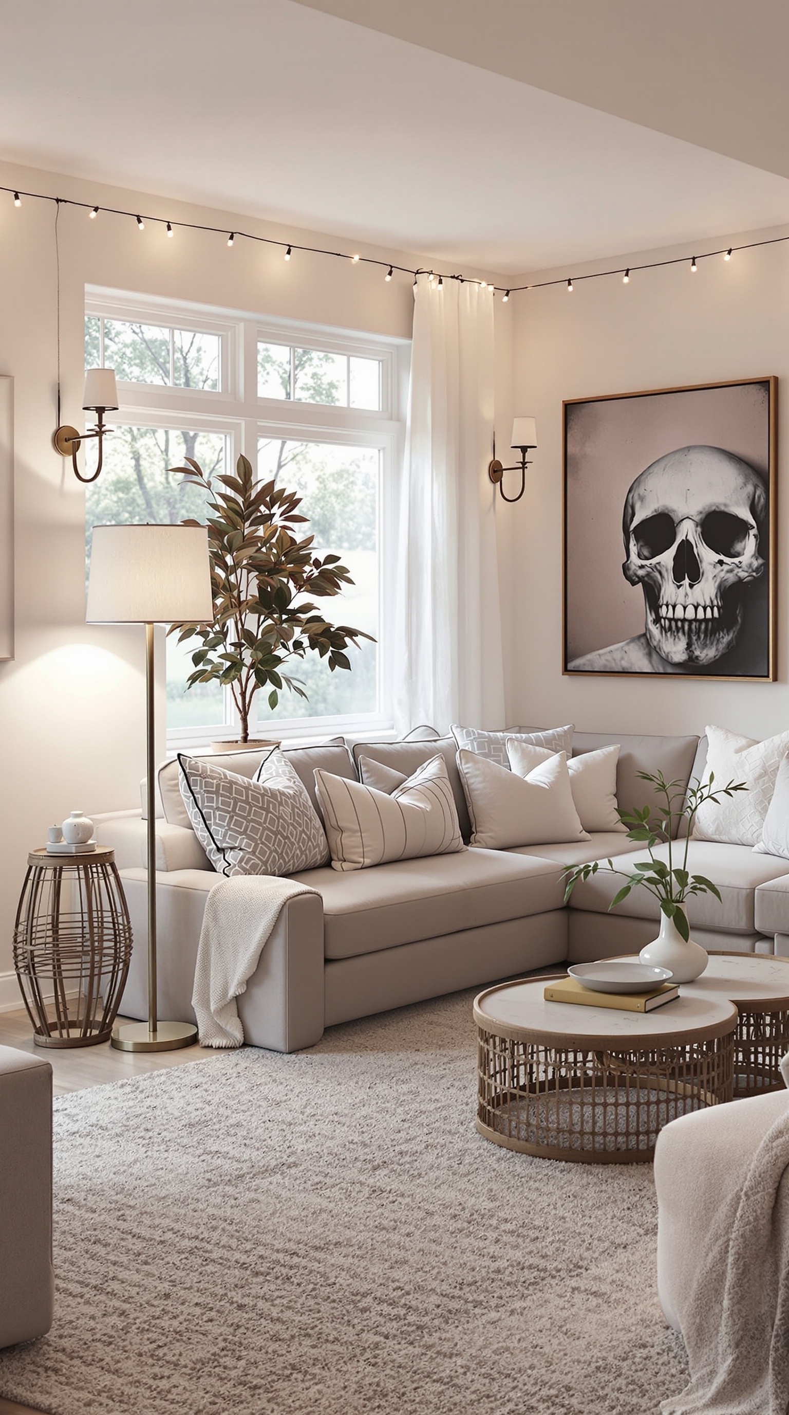 A cozy basement family room with creative lighting solutions, including string lights, wall sconces, and a floor lamp.